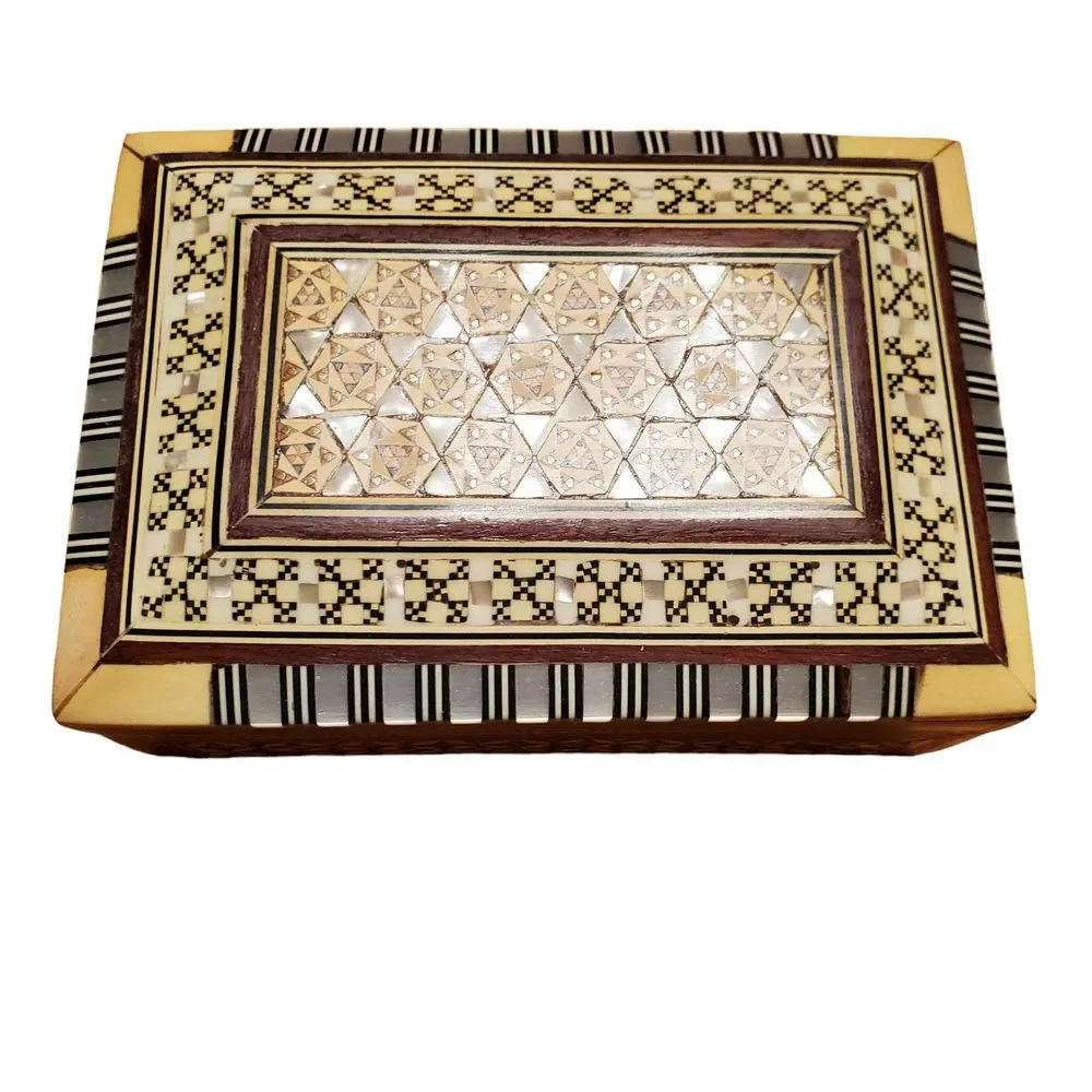 Vintage 1950s Handmade Pearl Bone Wood Inlaid Marquetry Jewelry Box